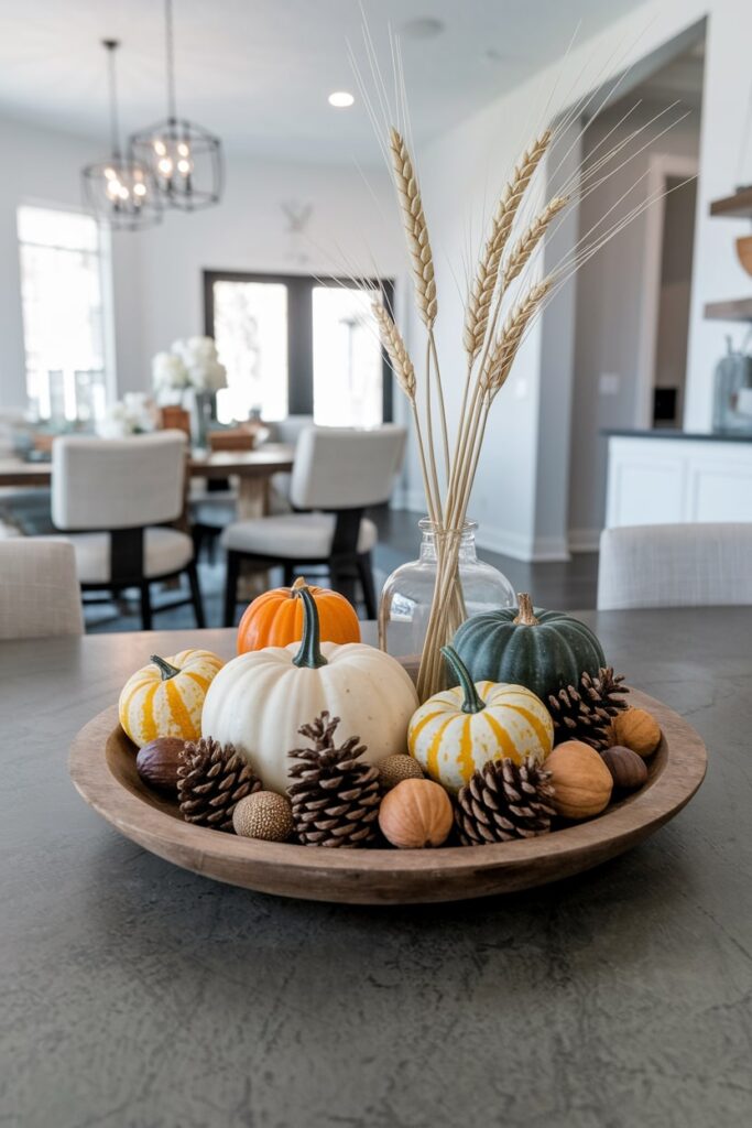 open space living room with fall table decor, wooden bowl filled with pumpkins, pinecones, wheat stalks