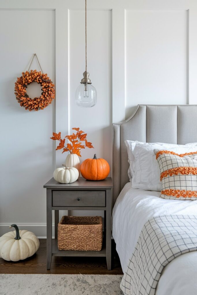 orange and white pumpkins on the nightstand in the white bedroom as Halloween decor