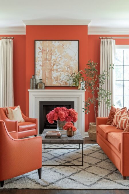 orange living room with white fireplace surround, red flowers, orange leather armchairs