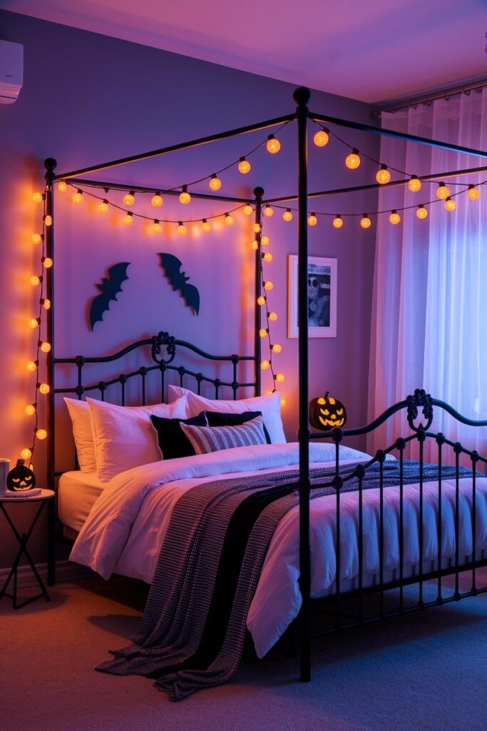 orange spooky string lights on bed frame as Halloween bedroom decor
