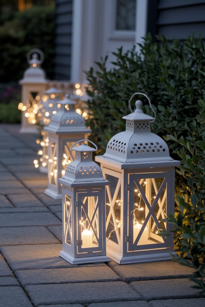 outdoor lanterns with string lights inside on the pathway as Thanksgiving decor