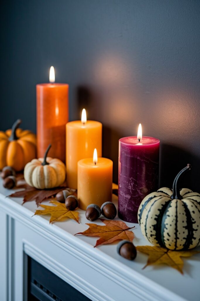 pillar candles in deep orange, burgundy, and golden yellow, small pumpkins, acorns, fall leaves on the Thanksgiving mantel