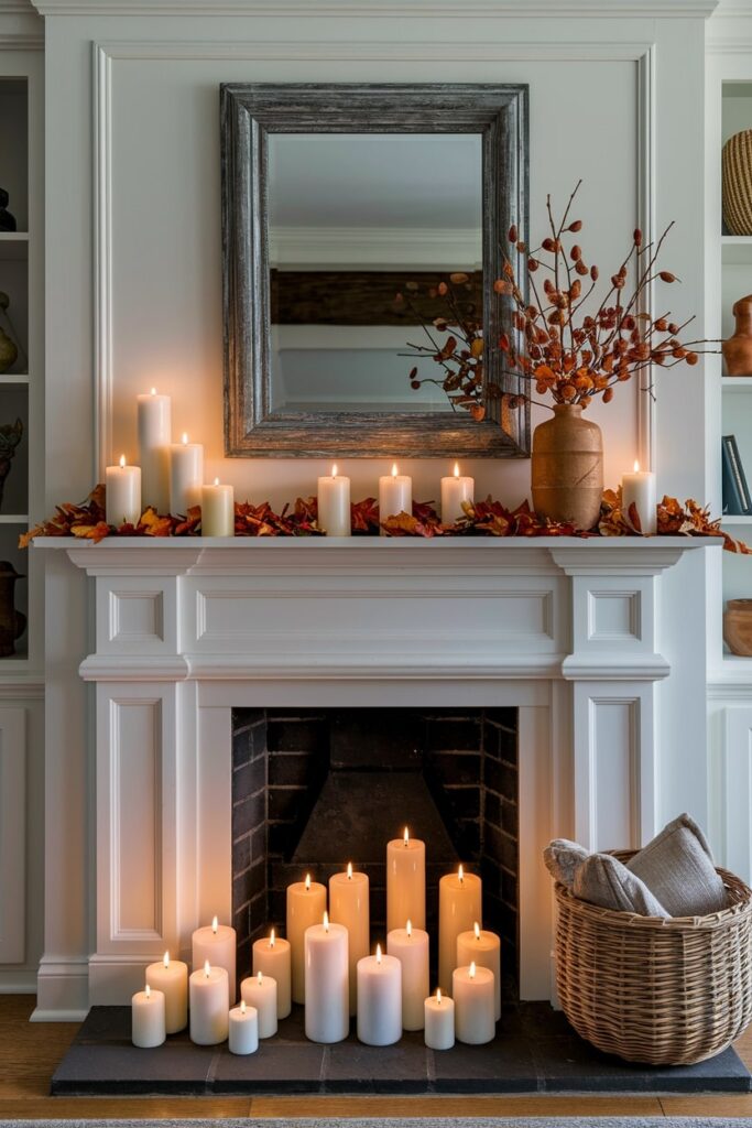pillar candles of varying heights across mantel as fall decor
