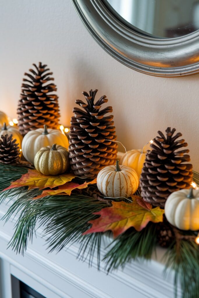 pinecones, small pumpkins, autumn leaves, and string lights as Thanksgiving mantel decor