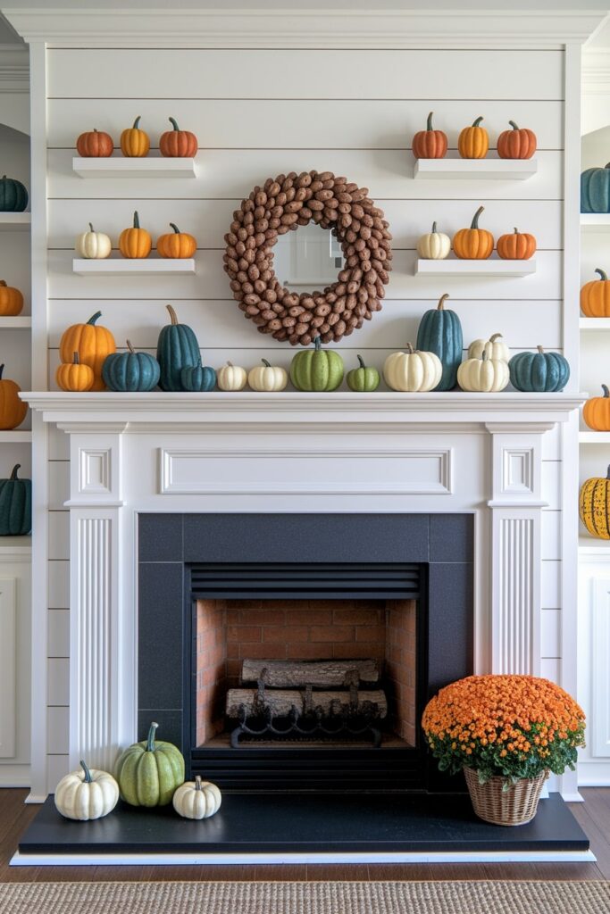 pumpkin gallery wall above Thanksgiving mantel, floating shelves with orange, white, and blue pumpkins