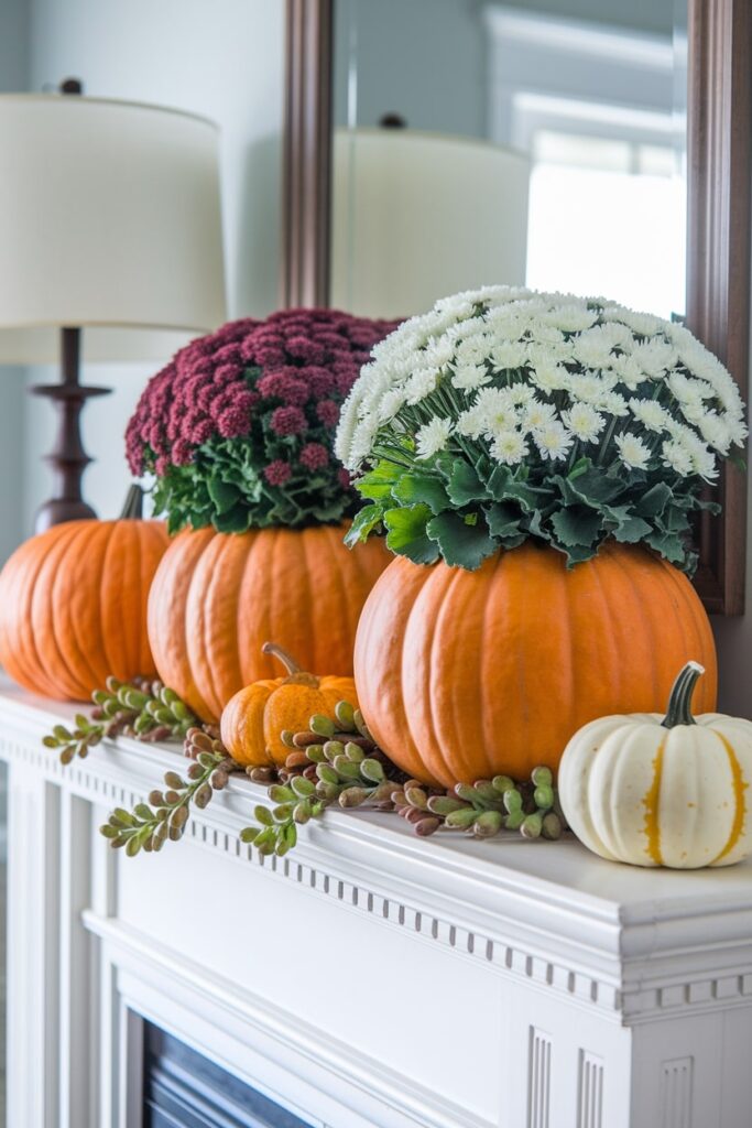 pumpkin planters with small potted mums as Thanksgiving mantel decor