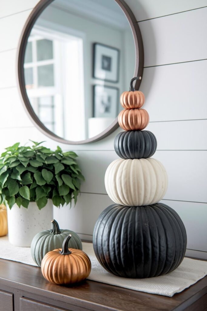 pumpkin topiary, stacked different-sized pumpkins of black, white, and gold colors as Thanksgiving decor