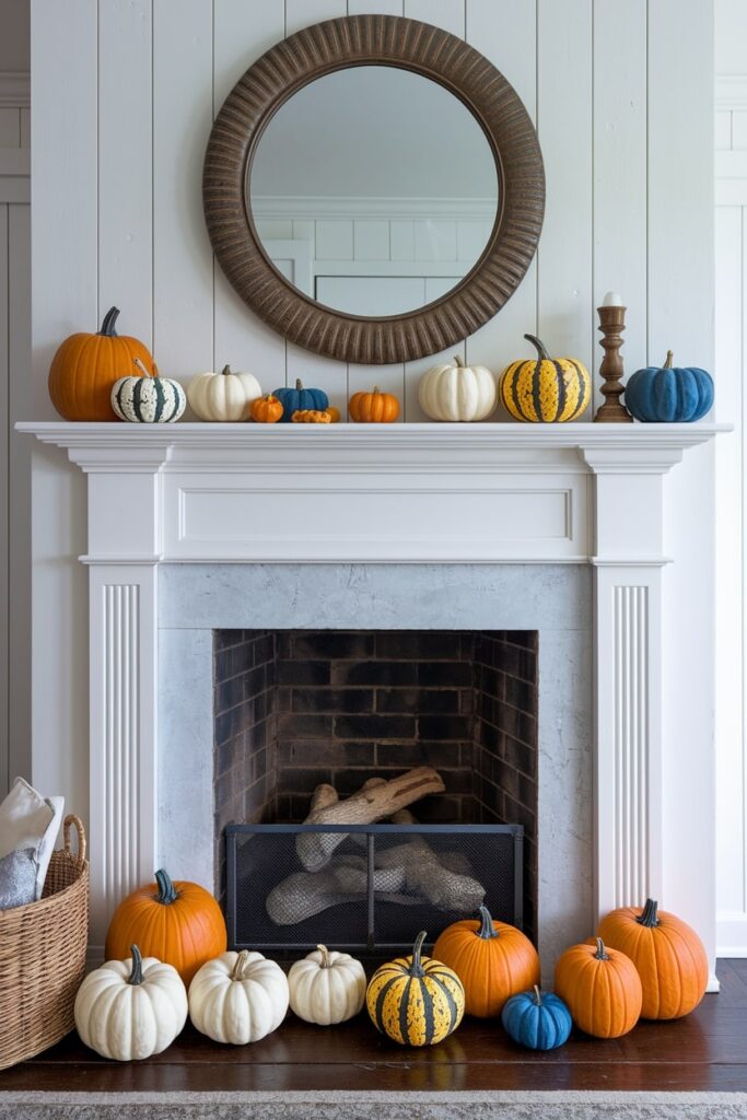 pumpkins of different sizes, colors (orange, white, blue), and textures as fall mantel decor
