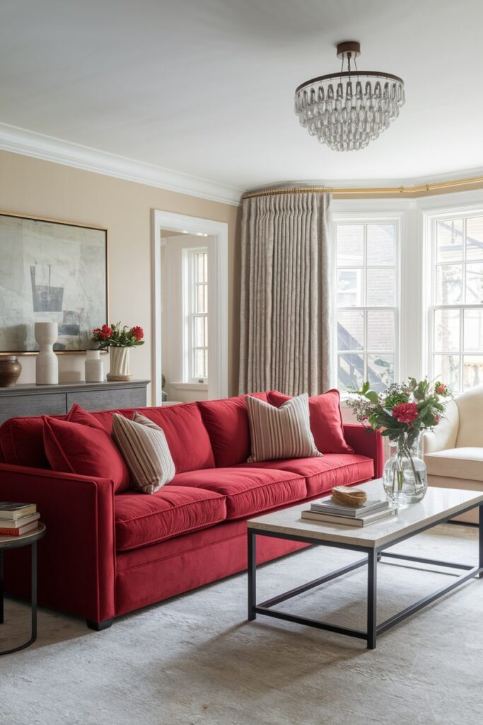 red accent couch in the living room with neutral walls