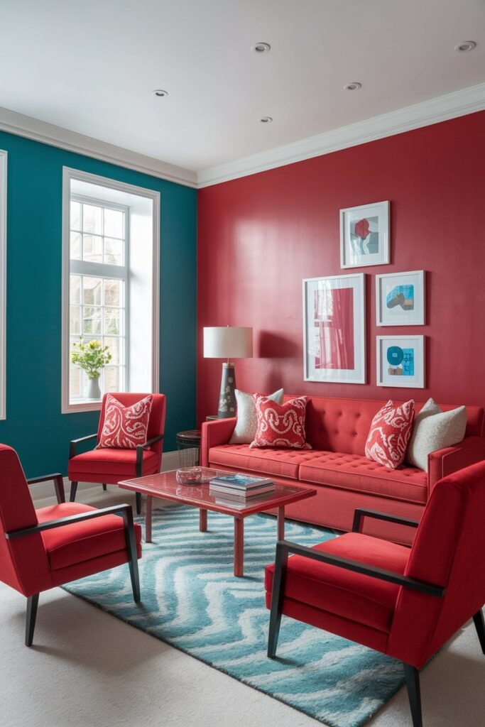 red living room with turquoise accents, wall, artwork, area rug