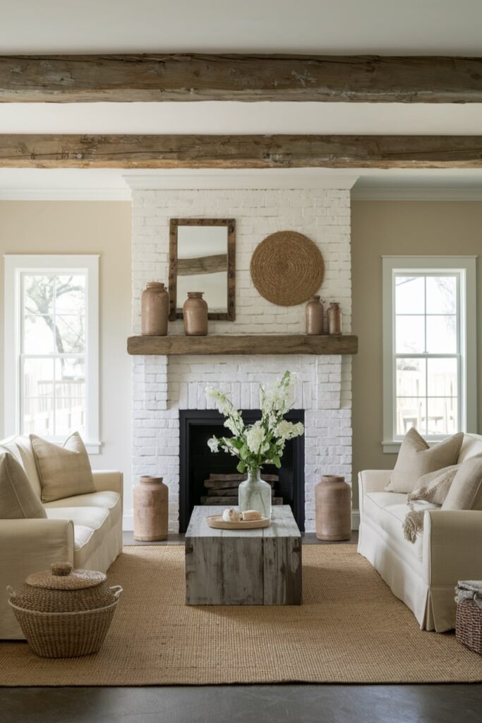 rustic beige living room with white brick fireplace, weathered wood beams and mantel