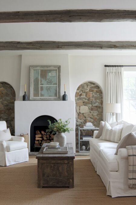 rustic white living room with weathered wood beams, fireplace, and stone accents