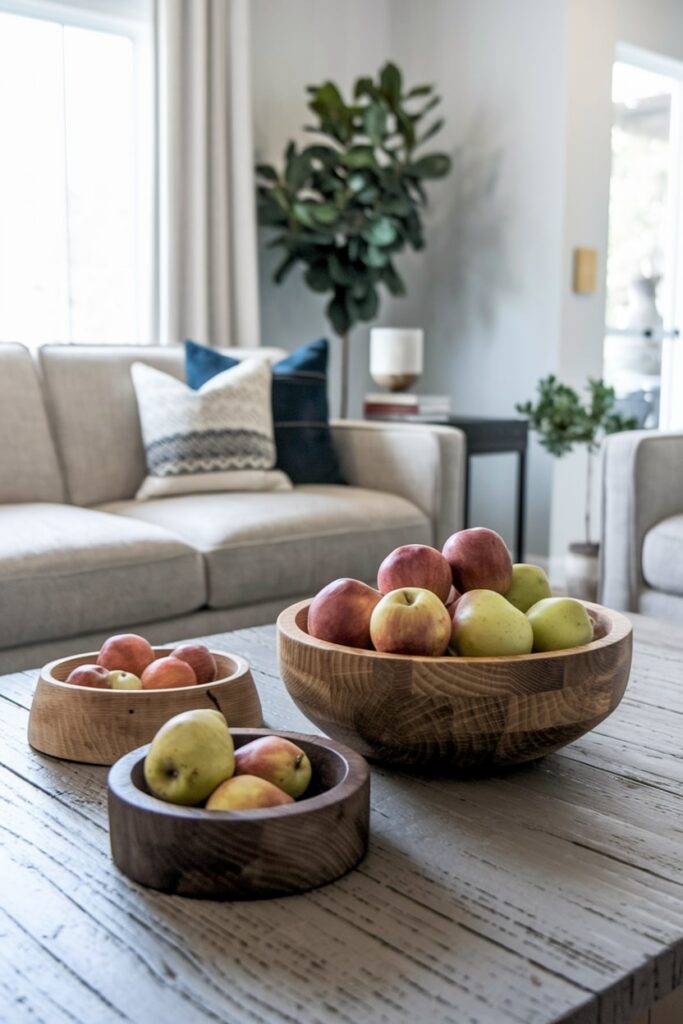 rustic wooden bowls with apples and pears on the coffee table as fall living room decor