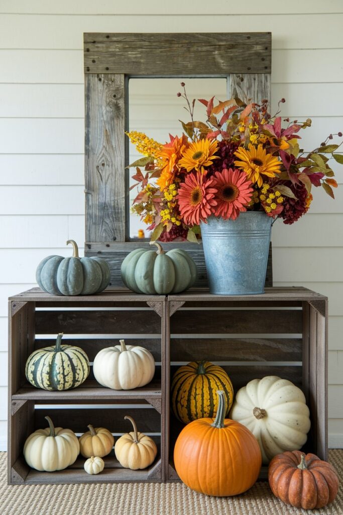 rustic wooden crates with pumpkins, gourds, and fall flowers in a galvanized container as Thanksgiving decor