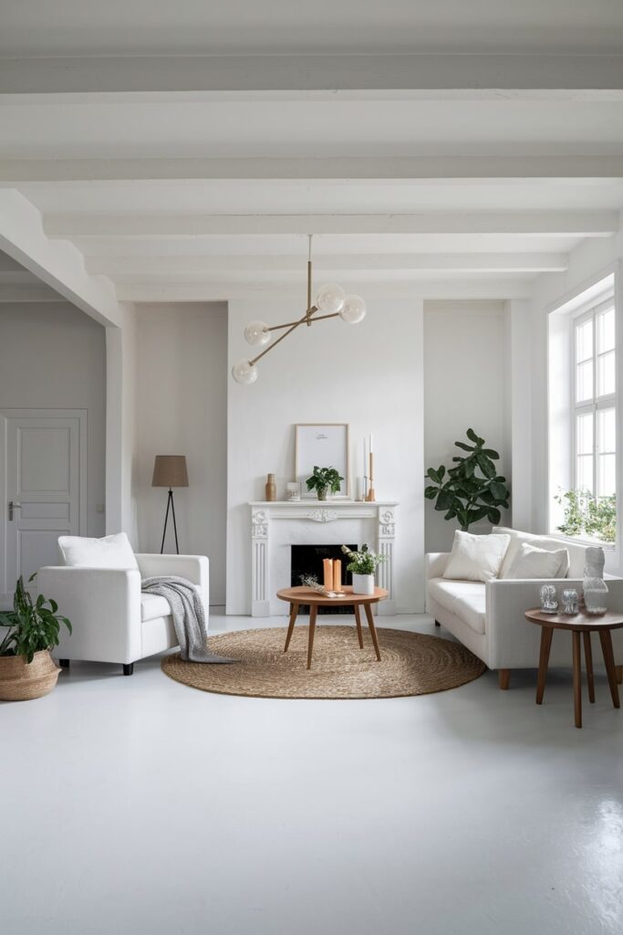 Scandinavian white living room with fireplace and white flooring
