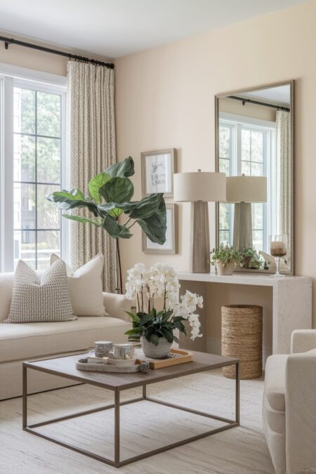 small beige living room with console table and mirror