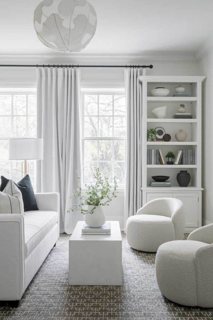 small white living room with a modern couch, two chairs, and a bookcase