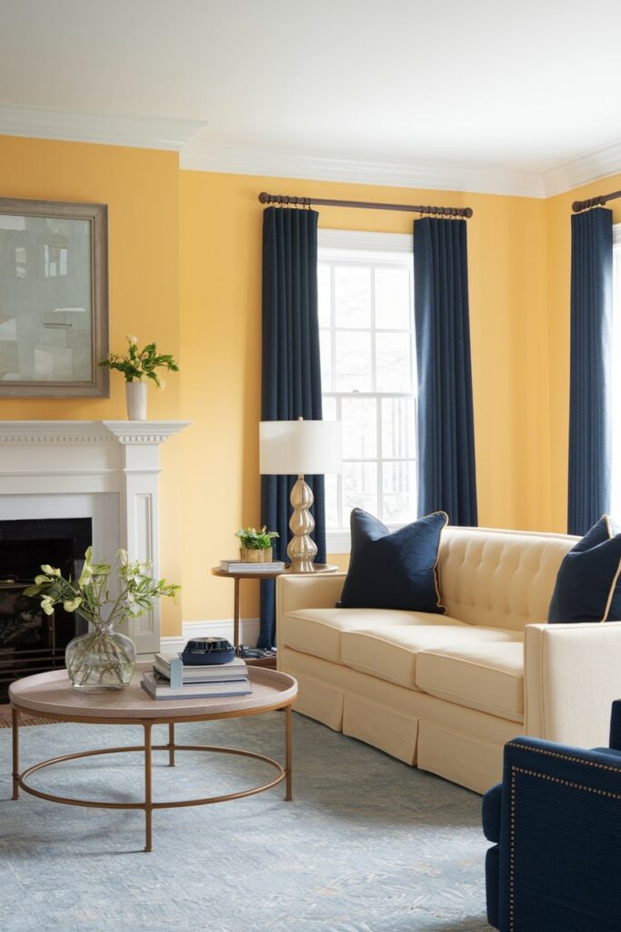 soft butter yellow living room walls, navy blue curtains and throw pillows