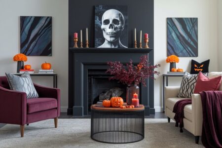 sophisticated living room with Halloween decorations
