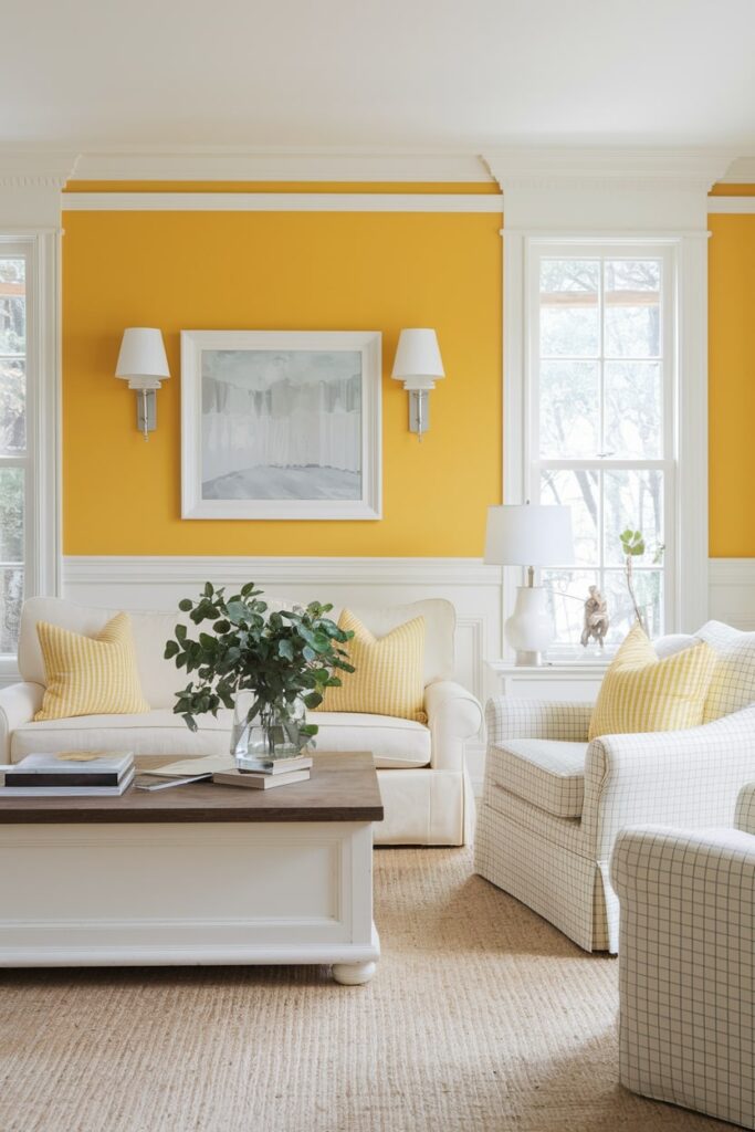 sunny yellow and white living room with light furniture and jute rug