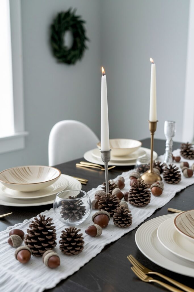 table scatter of acorns and pinecones along a white table runner as Thanksgiving decor