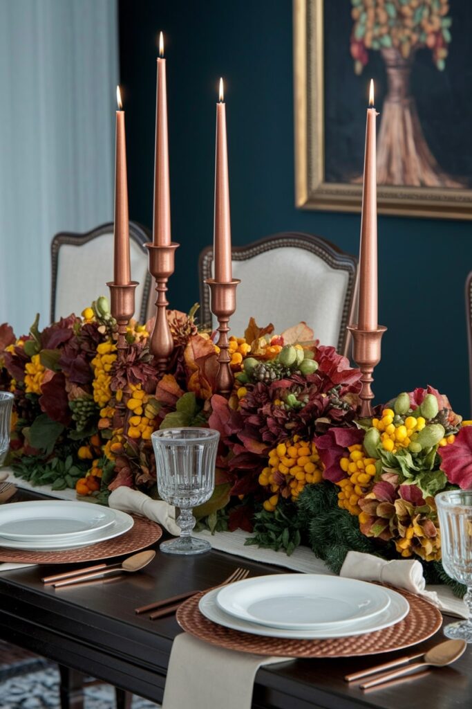 Thanksgiving dining table with copper candle holders and serving pieces