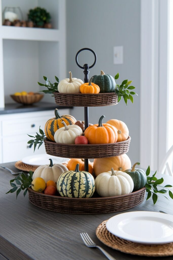 tiered serving stand with pumpkins and gourds as Thanksgiving decor