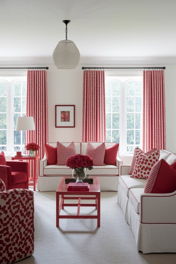 traditional living room with white as a base color, red through throw pillows, artwork, curtains, and decorative objects