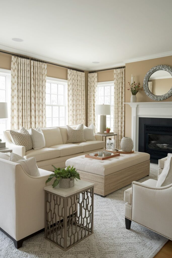 transitional beige living room design with a fireplace