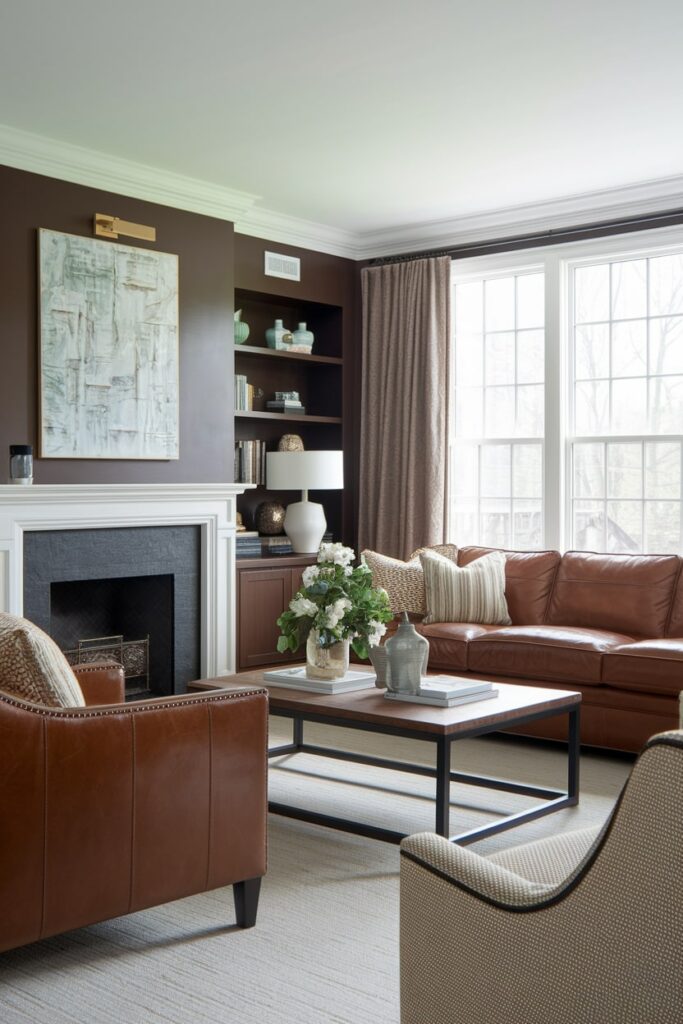 transitional brown living room with modern artwork above mantel and leather furniture