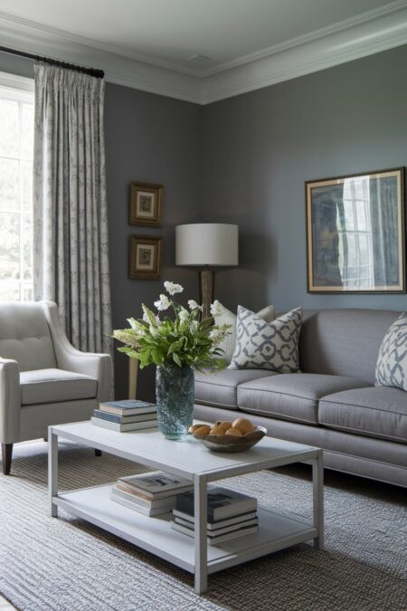 transitional gray living room with modern furniture and vintage picture frames