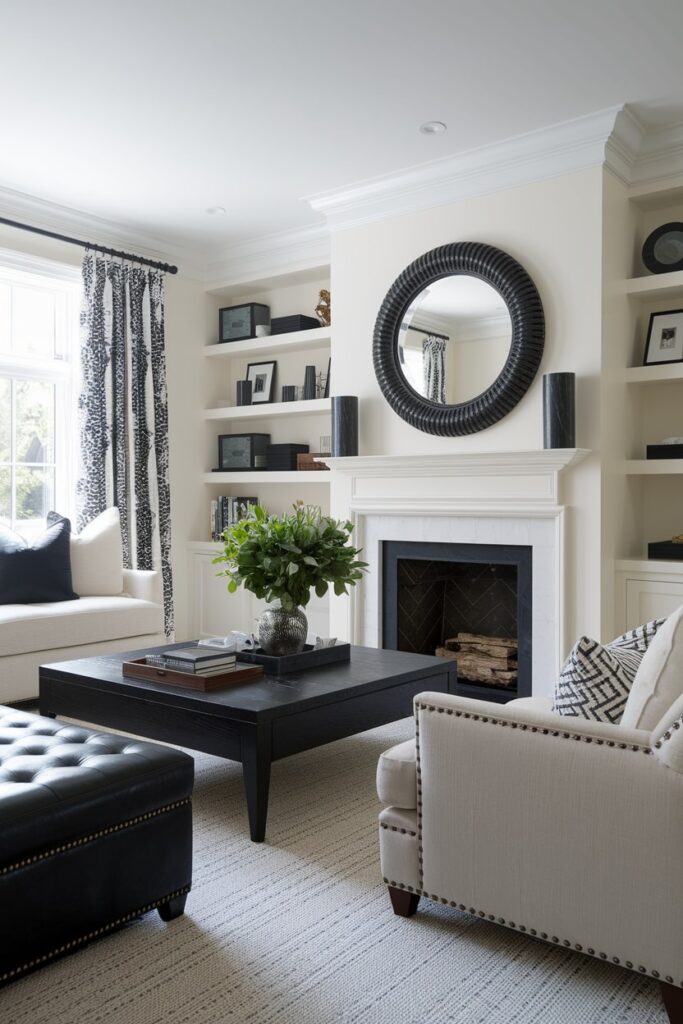 transitional white living room with black leather ottoman, coffee table, black picture frames and other decor