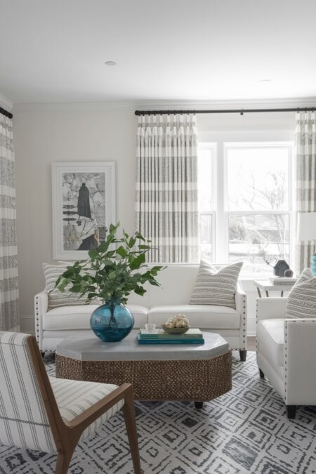 transitional white living room with blue glass vase on the coffee table