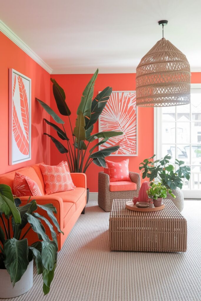 tropical-inspired orange living room with coral walls, tangerine couch, wicker furniture and ceiling lamp