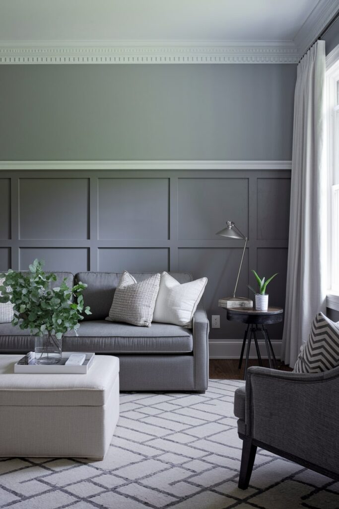 two-tone gray living room with light gray on upper walls and dark on lower, white chair rail molding between