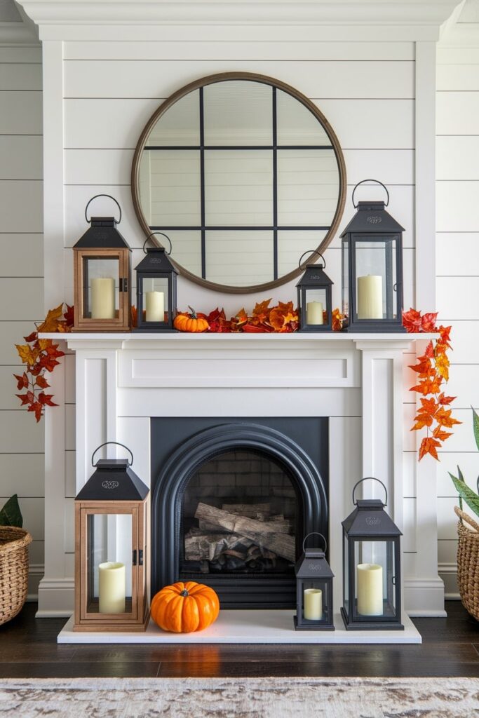 various lanterns with LED candles, fall leaf garland, mini pumpkins as Thanksgiving mantel decor