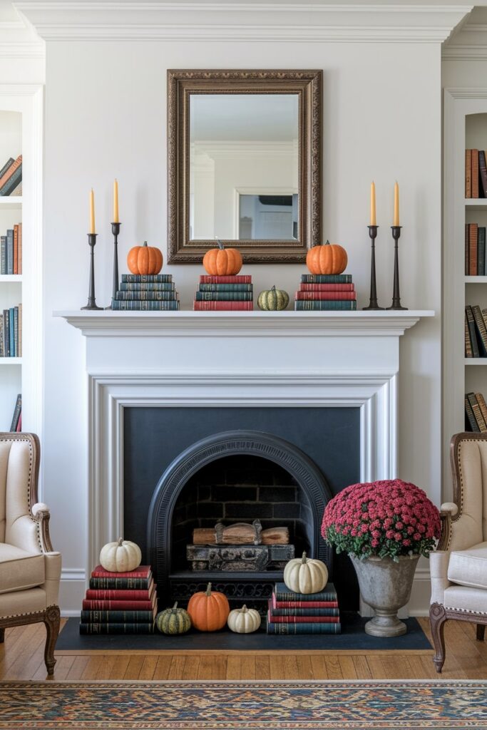 vintage books with autumn-colored spines and small pumpkins as fall mantel decor