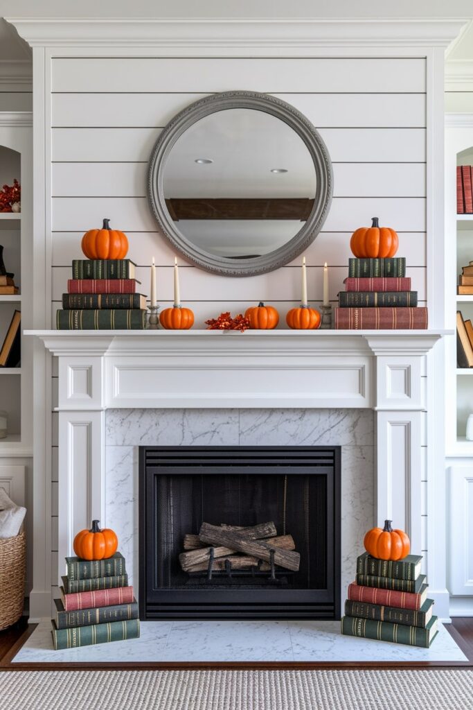vintage books with fall-themed covers, orange mini pumpkins as Thanksgiving mantel decor