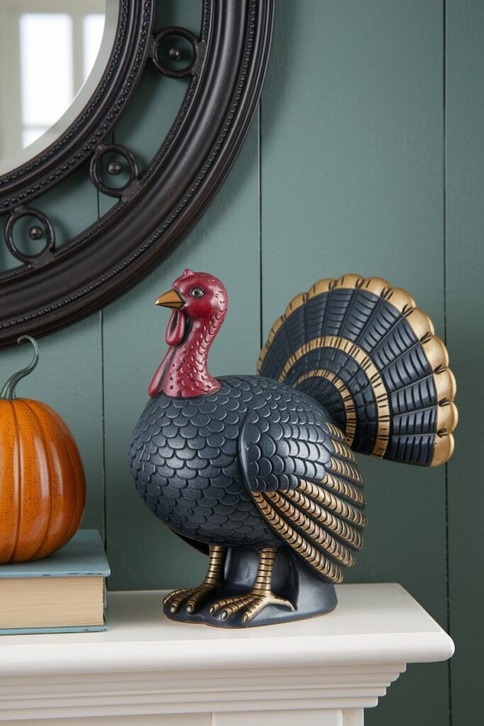 vintage turkey figurine on the mantel as Thanksgiving decor
