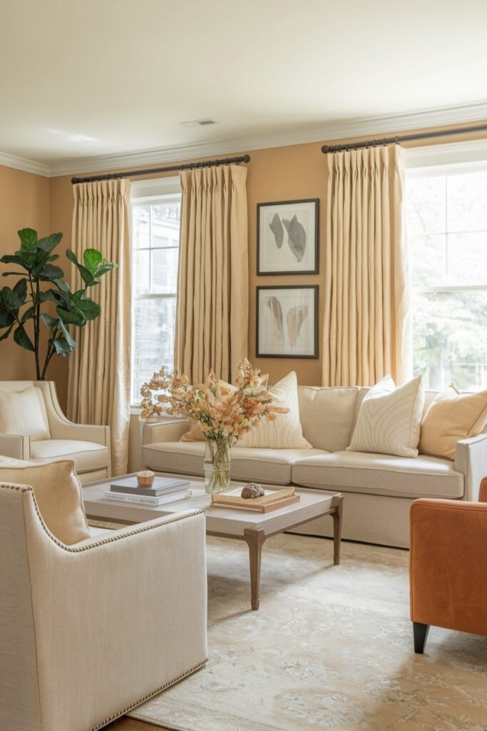 warm beige living room with caramel-colored leather chair and flowers in a vase on the coffee table