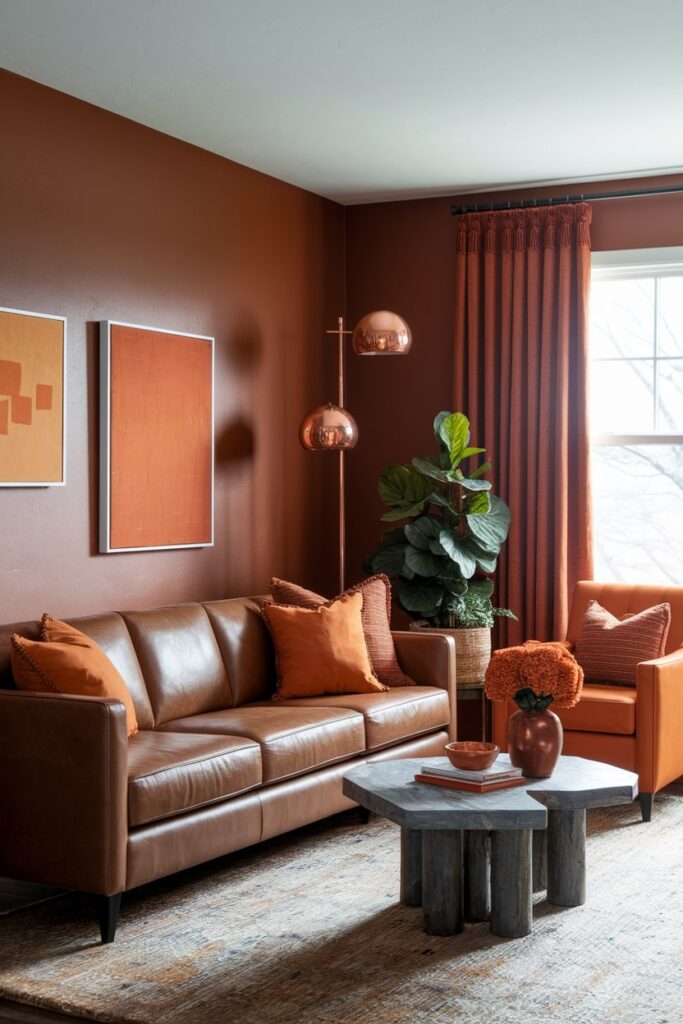 warm brown living room with orange accents and copper floor lamp