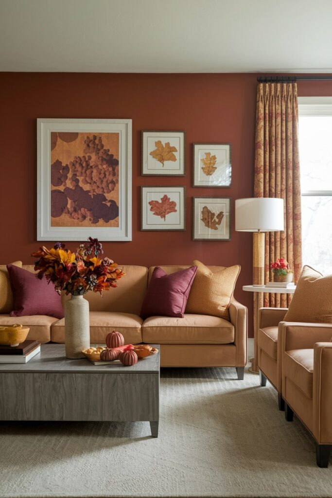 warm color palette fall living room with seasonal decor, terracotta accent wall