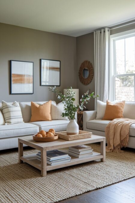 warm gray living room with greige wall, cream furniture, and caramel accents