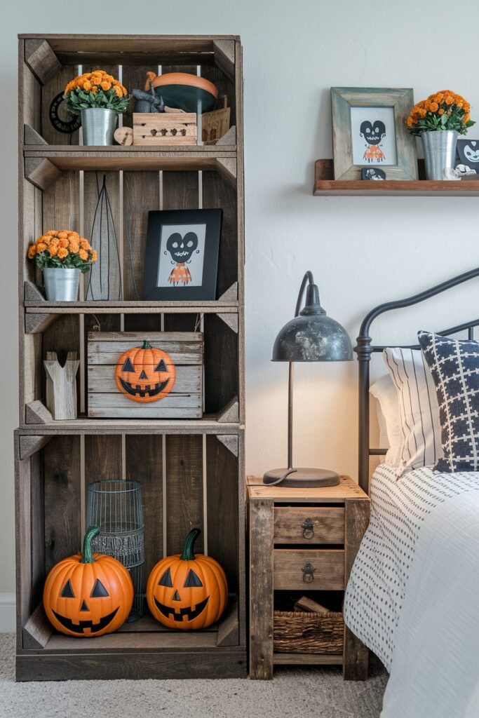 weathered or distressed wood crates with Halloween decor, pumpkins in the bedroom