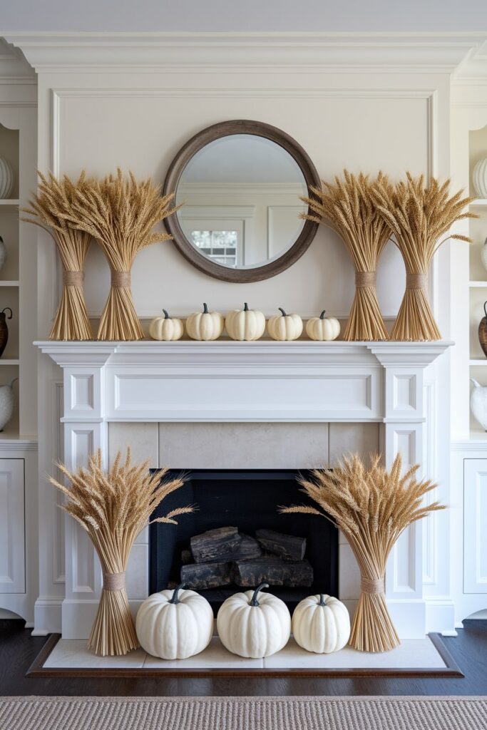 wheat stalks in small sheaves tied with raffia and white pumpkins as Thanksgiving mantel decor