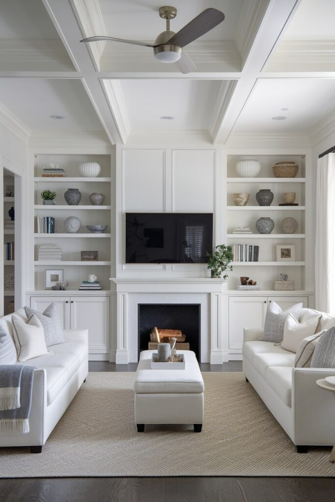 white living room with built-in storage, ottoman, fireplace, and TV