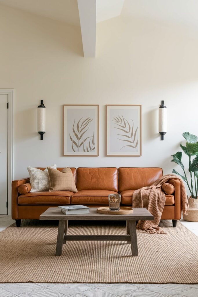 white living room with cognac leather sofa, brown hues in textile and artwork, jute rug