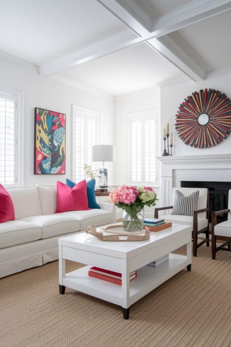 white living room with colorful artwork, pink and blue throw pillows