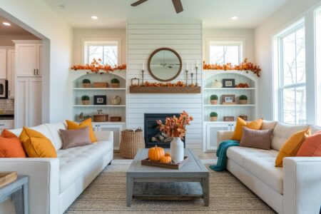 white living room with fall decor in orange and yellow colors