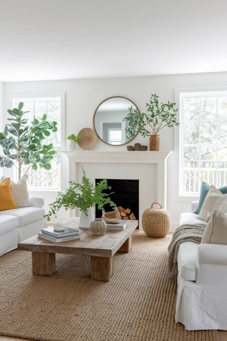 white living room with fireplace, jute rug, wooden coffee table, and plants